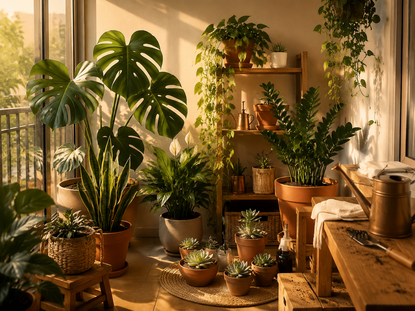 A cozy apartment balcony garden with houseplants basking in warm sunlight